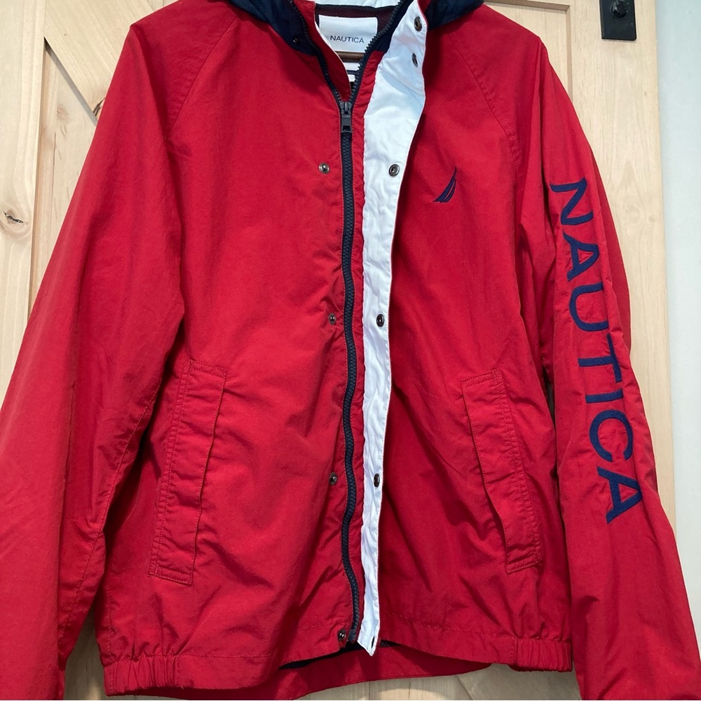 Nautica Red Windbreaker with Navy Details Mens Medium - Picture 6 of 15